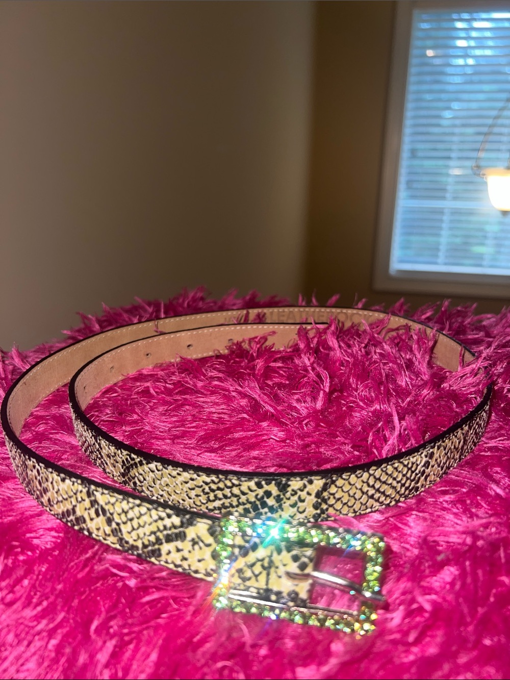 NWOT LEATHEROCK Genuine Leather Green Crystal Buckle Animal Print Women’s Belt.